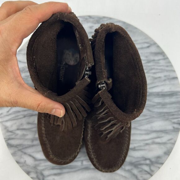 Minnetonka Fringe Wedge Booties Womens 5.5 Espresso Brown Suede Ankle Heel Boots - Picture 8 of 11